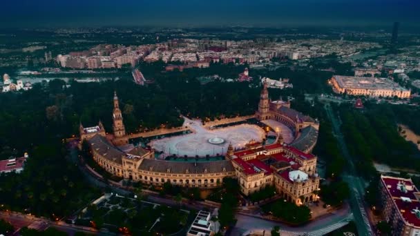 Вид Воздуха Площадь Испании Plaza Espana Сумерках Севилье Испания — стоковое видео