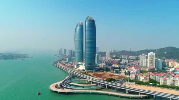 Xiamen Kina Mar 2018 Staden Flygfoto Med Shimao Interpoleringen Tower — Stockvideo