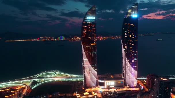 Xiamen China Marzo 2018 Vista Aérea Ciudad Atardecer Con Torre — Vídeo de stock