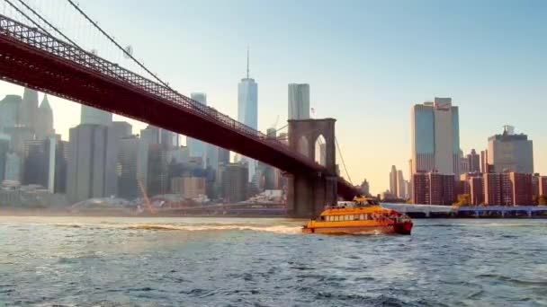 Nova Iorque Setembro 2018 Passeio Barco Abaixo Ponte Brooklyn Nova — Vídeo de Stock