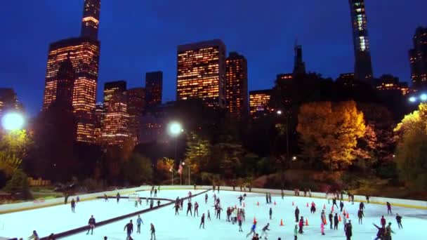 Ijsbaan Timelapse Van Het Central Park Winter Met Mensen Skate — Stockvideo