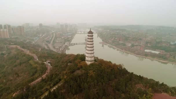 Antika Pagoda Mountain Top Flygfoto Neijiang Sichuan Kina — Stockvideo