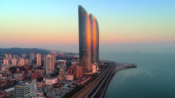 Xiamen China Marzo 2018 Vista Aérea Ciudad Atardecer Con Torre — Vídeos de Stock