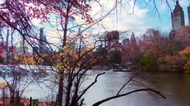 Central Park yürüyüş görünümünde sonbahar yaprakları ın Midtown Manhattan New York City ile