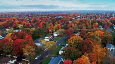Renkli yeşillik ile sonbahar bir yerleşim bölgesinde, havadan görünümü