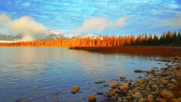 Cloudscape Misty Lake Sunrise Timelapse Panning Foggy Snow Mountain Jasper — Stock Video