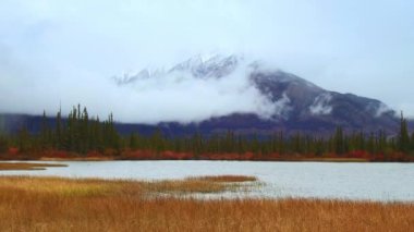 Sisli dağ Jasper National Park Kanada'da göl waterfront adlı görüntülendi kar/EC.