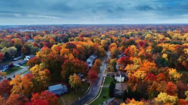 Renkli yeşillik ile sonbahar bir yerleşim bölgesinde, havadan görünümü