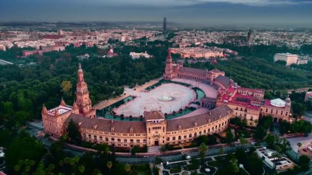 Luchtfoto Van Spaans Plein Plaza Espana Schemering Sevilla Spanje — Stockvideo