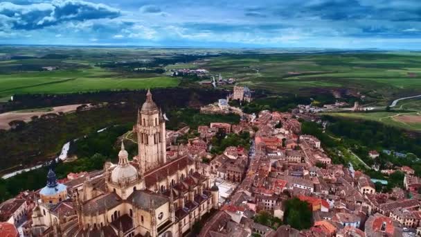 Luftaufnahme Der Kathedrale Von Segovia Und Der Antiken Architektur Spanien — Stockvideo