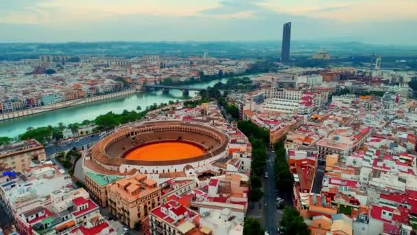 Luftaufnahme Der Plaza Toros Maestranza Brücke Und Stadtsilhouette Sevilla Spanien — Stockvideo