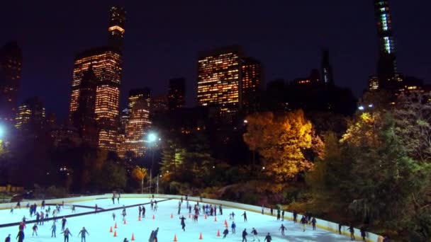 Ice Rink Central Park Câmera Lenta Inverno Com Pessoas Patinar — Vídeo de Stock