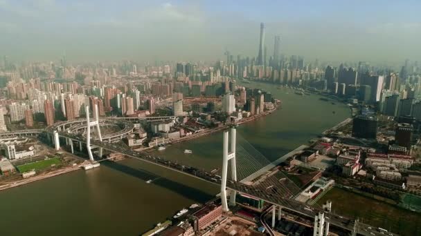 Nanpu Міст Хуанпу Річки Шанхаї Пташиного Польоту Китаї — стокове відео
