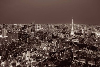 Tokyo Kulesi ve şehir çatısı geceleyin Japonya 'da..