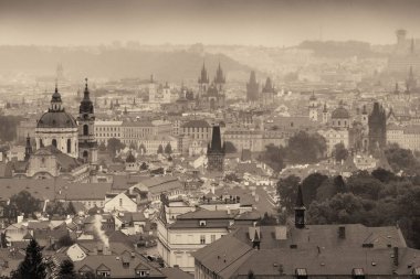 Prag, Çek Cumhuriyeti 'ndeki tarihi binalarla çatısı manzaralı.
