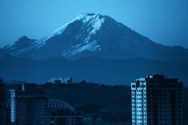 Rainier Dağı ve Seattle şehir mimarisi