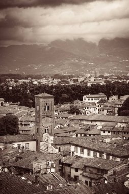 Lucca çatı görünümü ile kırmızı çatılar ve çan kulesi, tarihi binaları ve dağ silsilesi İtalya.