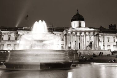 Trafalgar Meydanı Çeşmesi ve Londra national gallery ile gece