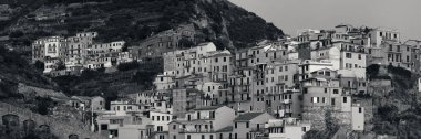 İtalya 'nın Cinque Terre kentindeki Manarola' daki uçurum panoramasının üzerinde İtalyan tarzı yerleşik binalar..