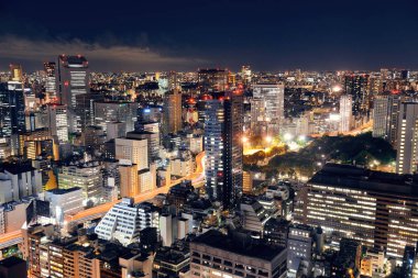 Tokyo kentsel gökdeleni gökdelen çatısı geceleyin, Japonya.
