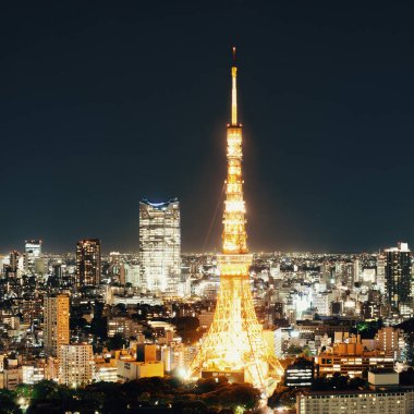 Tokyo Kulesi ve şehir çatısı geceleyin Japonya 'da..