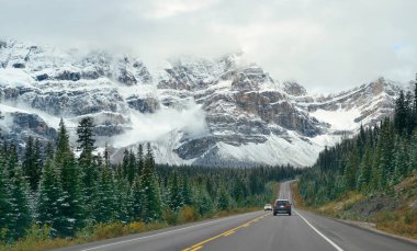 Dağ orman ve araba Banff National Park, Kanada karayolu kar ile şapkalı