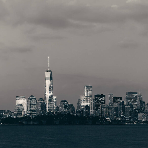 New York City downtown skyline panorama in BW at dusk