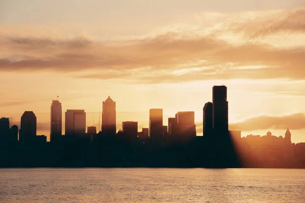 Seattle Amanecer Con Silueta Del Edificio Del Centro — Foto de Stock