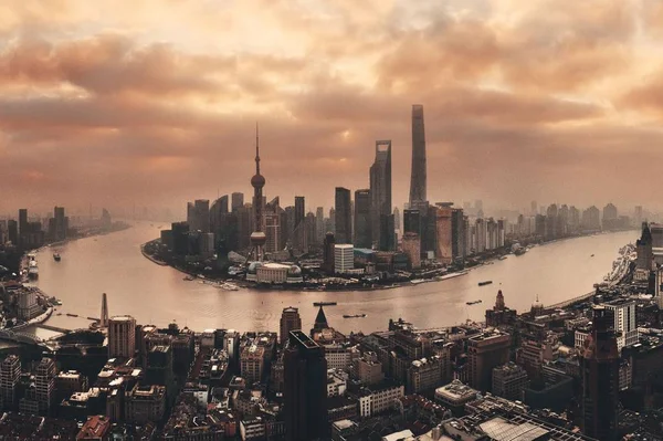Vista Aérea Del Amanecer Ciudad Shanghai Con Distrito Financiero Pudong — Foto de Stock