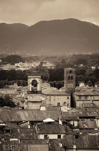 Vista Para Telhado Lucca Com Telhados Vermelhos Edifícios Históricos Cordilheira — Fotografia de Stock