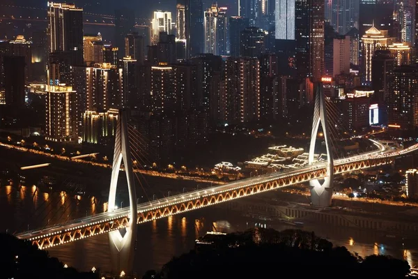 Bro Och Stad Urban Arkitektur Natten Chongqing Kina — Stockfoto