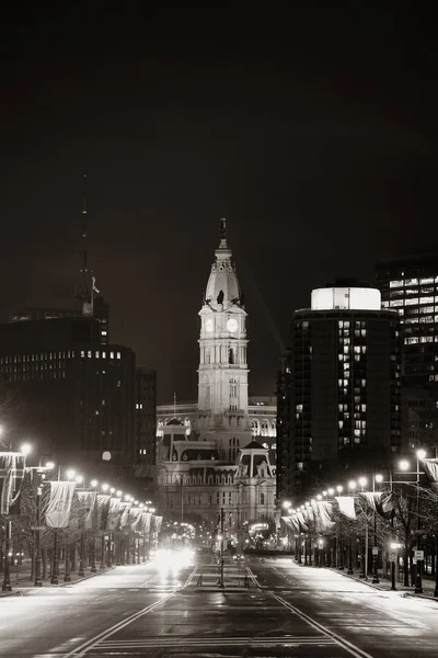 Philadelphia City Hall Utca Kilátás Éjjel — Stock Fotó