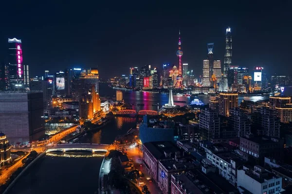 Shanghai Pudong Vue Aérienne Nuit Haut Avec Horizon Ville Gratte — Photo