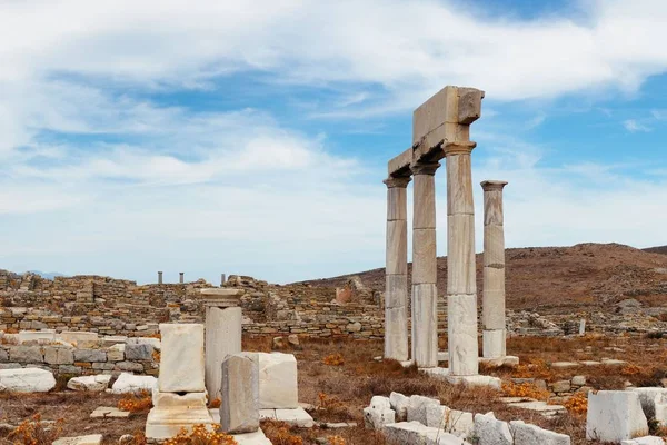Pilares Ruínas Históricas Delos Island Perto Mikonos Grécia — Fotografia de Stock