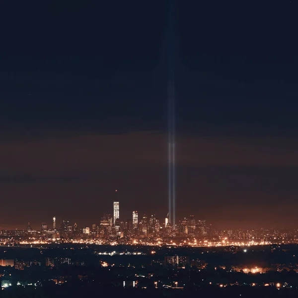 Skyline Von New York City Bei Nacht Mit Wolkenkratzern Der — Stockfoto