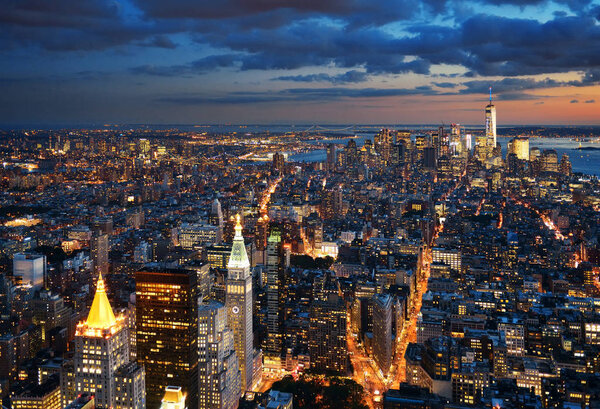 New York City downtown skyline view at dusk