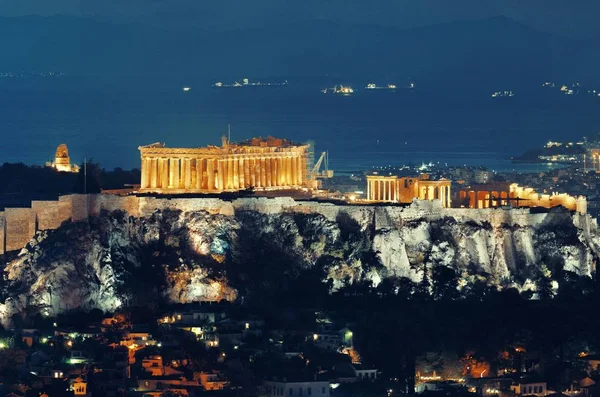 Acrópolis Ruinas Históricas Noche Vistas Desde Montaña Grecia — Foto de Stock