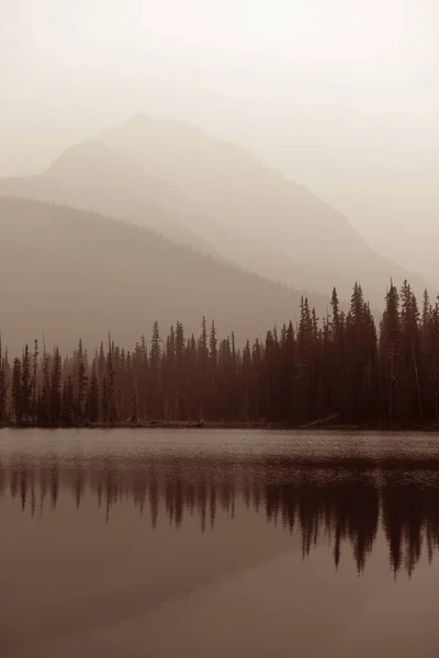 Mlžné Horské Jezero Lesa Národním Parku Banff — Stock fotografie