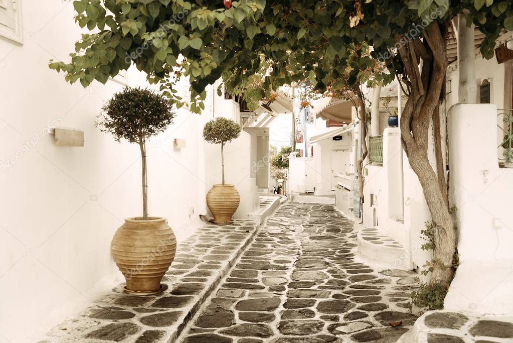 Street with Traditional Greek architecture in Mykonos Island, Greece. 
