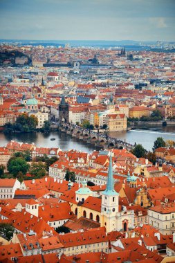 Prag, Çek Cumhuriyeti 'ndeki tarihi binalarla çatısı manzaralı.