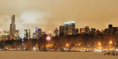 Central Park 'ta kış, Manhattan' ın merkezinde gökdelenleri olan bir panorama.