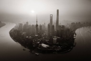 Şangay şehri hava manzaralı Pudong iş bölgesi ve Çin 'de ufuk çizgisi.
