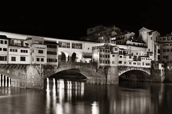 Ponte Vecchio Rivier Arno Florence Italië Nachts Zwart Wit — Stockfoto