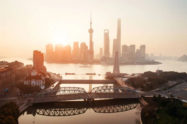 Shanghai Ville Lever Soleil Vue Aérienne Avec Quartier Affaires Pudong — Photo