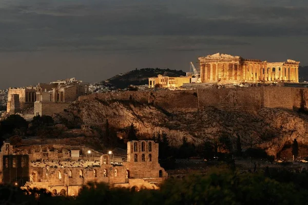 Atenas Horizonte Por Noche Visto Desde Cima Montaña Grecia — Foto de Stock