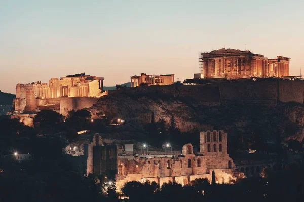 Acrópolis Ruinas Históricas Atardecer Vistas Desde Montaña Grecia —  Fotos de Stock