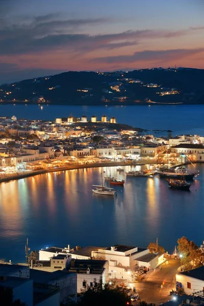 Baía Mykonos Vista Cima Noite Grécia — Fotografia de Stock