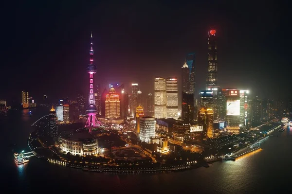 Shanghai Vista Aérea Noite Cima Com Skyline Cidade Arranha Céus — Fotografia de Stock