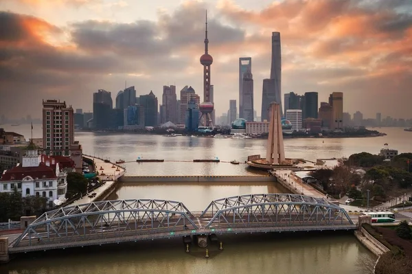 Shanghai Ville Lever Soleil Vue Aérienne Avec Quartier Affaires Pudong — Photo