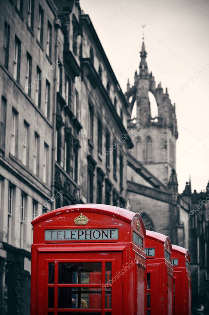 Edinburgh city street view with telephone box in United Kingdom.